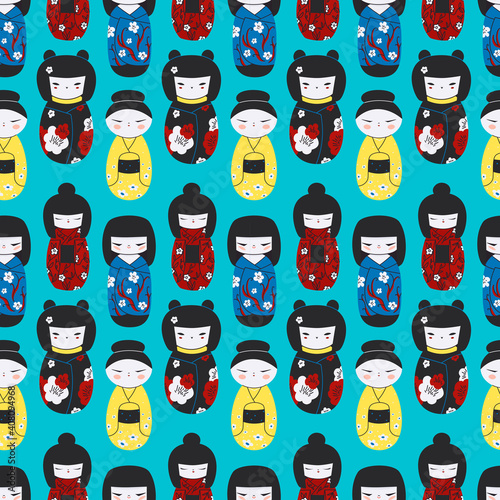 Kokeshi dolls seamless pattern vector illustration. Japan culture souvenir texture design. Asian symbol, toy in kimono dress background. 