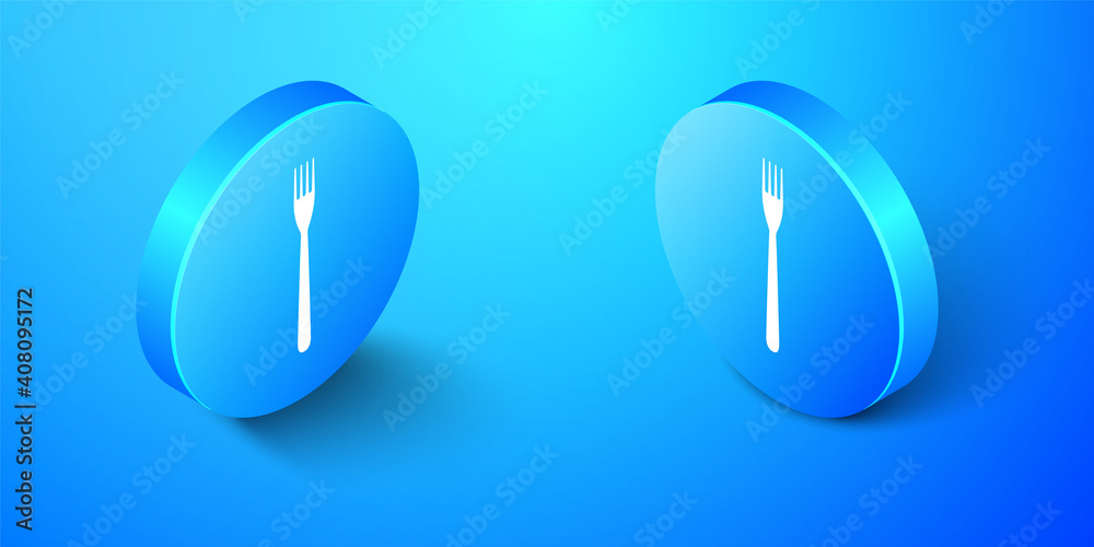 Isometric Fork icon isolated on blue background. Blue circle button. Vector. Isometric Fork icon isolated on blue background. Blue circle button. Vector.