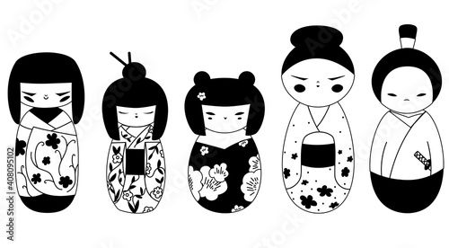 Isolated kokeshi dolls transparent outline collection. Set of various traditional Japan culture symbols. Cute geisha, samurai toys cartoon clipart. photo