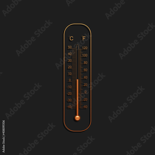 Gold Celsius and fahrenheit meteorology thermometers measuring icon isolated on black background. Thermometer equipment showing hot or cold weather. Long shadow style. Vector.