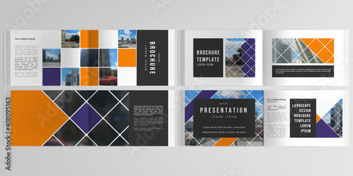 Vector layouts of horizontal presentation templates for landscape design brochure, cover design, book design, magazine. Abstract design project in geometric style with squares and place for photo.
