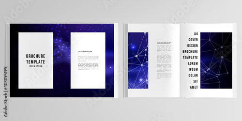 3d realistic vector layout of cover mockup templates for A4 bifold brochure, flyer, cover design, book design, magazine, brochure cover. Digital data visualization, polygonal science dark background.