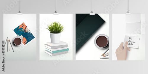 Realistic vector layouts of A4 format mockup design templates for brochure, flyer, cover design, book, magazine, brochure, poster. Home office concept, study or freelance, working from home.
