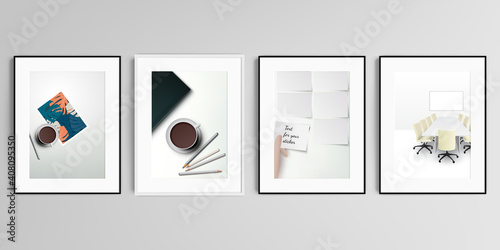 Realistic vector set of picture frames in A4 format isolated on gray background. Home office concept, study or freelance, working from home.