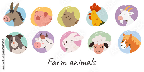 Cute farm animals with face expressions, domestic animal avater collection, cow, sheep and pig illustrations for badges