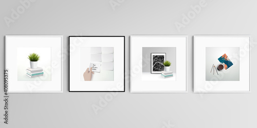 Realistic vector set of square picture frames isolated on gray background. Home office concept, study or freelance, working from home.