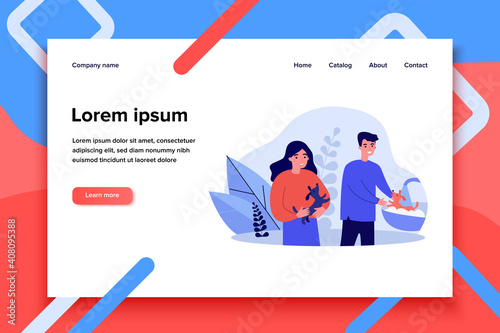 Dog owners washing their puppies in basin. Man and woman with pets in soap foam flat vector illustration. Animal care, pets hygiene concept for banner, website design or landing web page
