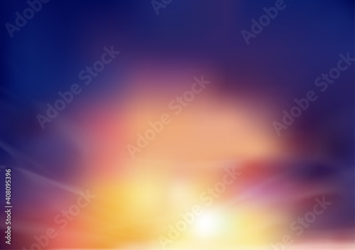 Sunset sky in eveing with orange, yellow and purple colour, Dramatic twilight landscape with dark blue sky,Vector mesh horizon banner of sunrise for Spring or Summerbackground