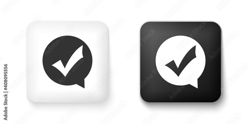 Black and white Check mark in circle icon isolated on white background. Choice button sign. Checkmark symbol. Speech bubble icon. Square button. Vector.