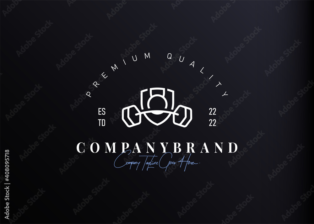 Fitness gym logo design inspiration. Vector Illustration of Barbell Kettlebell Shield and Fitness Equipment. Modern Icon Design Vector Template with Line Style