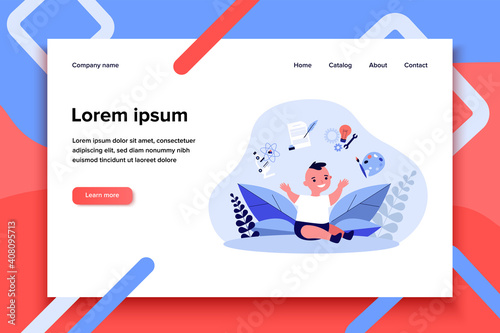 Cheerful cute toddler showing development symbols. Microscope, writing, engineering flat vector illustration. Child skills improvement concept for banner, website design or landing web page