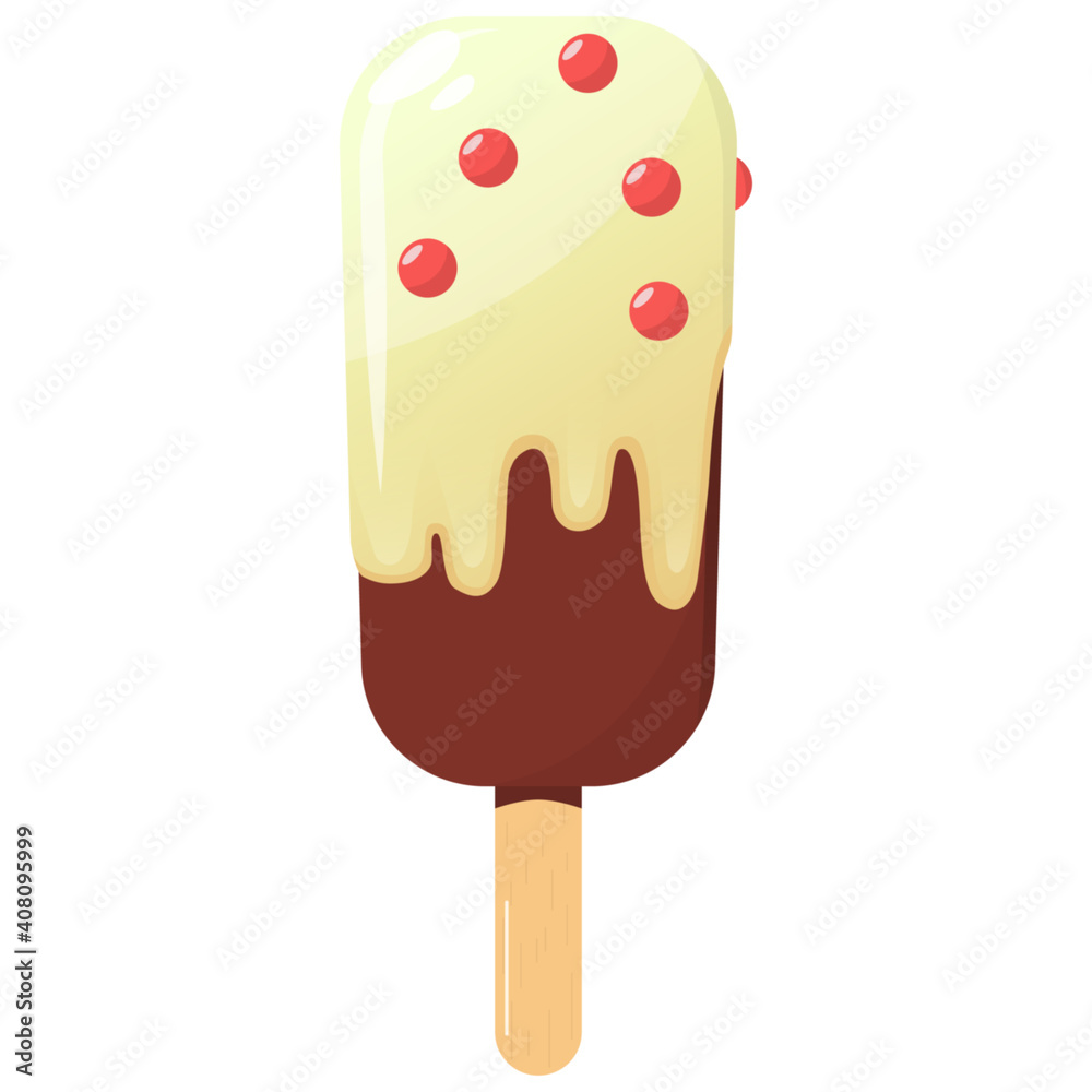 Chocolate ice cream on a wooden stick with yellow glaze cartoon icon on isolated white background. Vector EPS10 illustration Chocolate ice cream on a wooden stick with yellow glaze cartoon icon on isolated white background. Vector EPS10 illustration