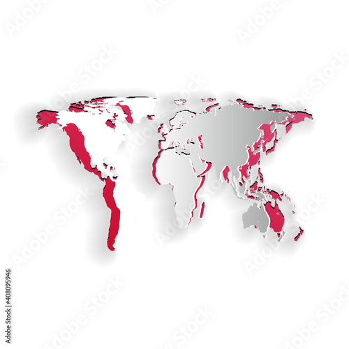 Paper cut World map icon isolated on white background. Paper art style. Vector.