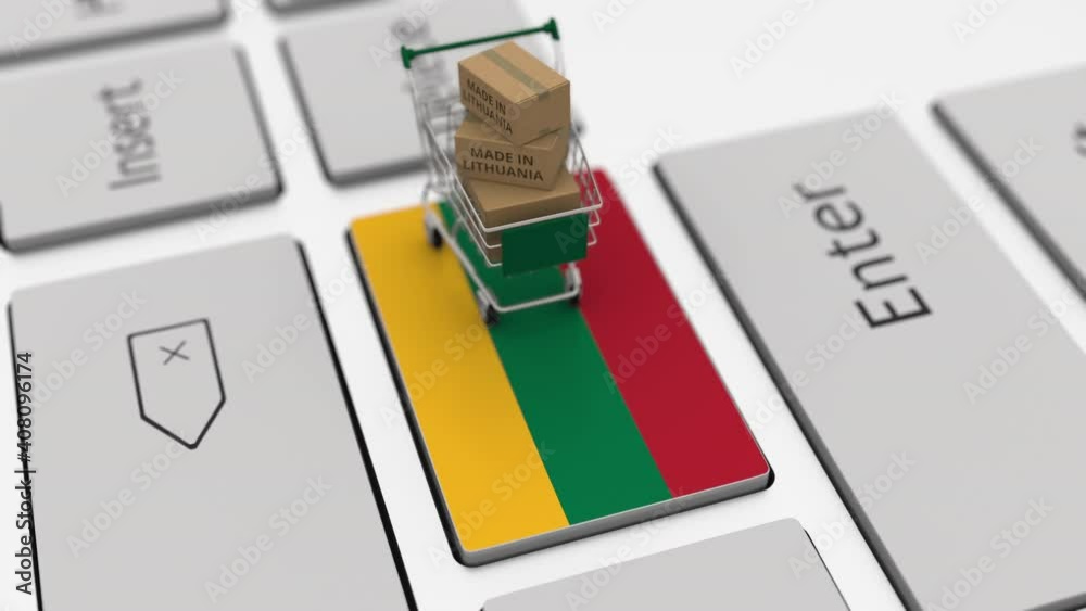 Boxes with MADE IN LITHUANIA text and shopping cart on the keyboard. Conceptual looping 3d animation Boxes with MADE IN LITHUANIA text and shopping cart on the keyboard. Conceptual looping 3d animation