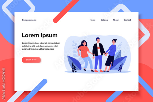 Girls struggling for guy. Two women pulling hands of one man flat vector illustration. Jealousy, love, competition concept for banner, website design or landing web page