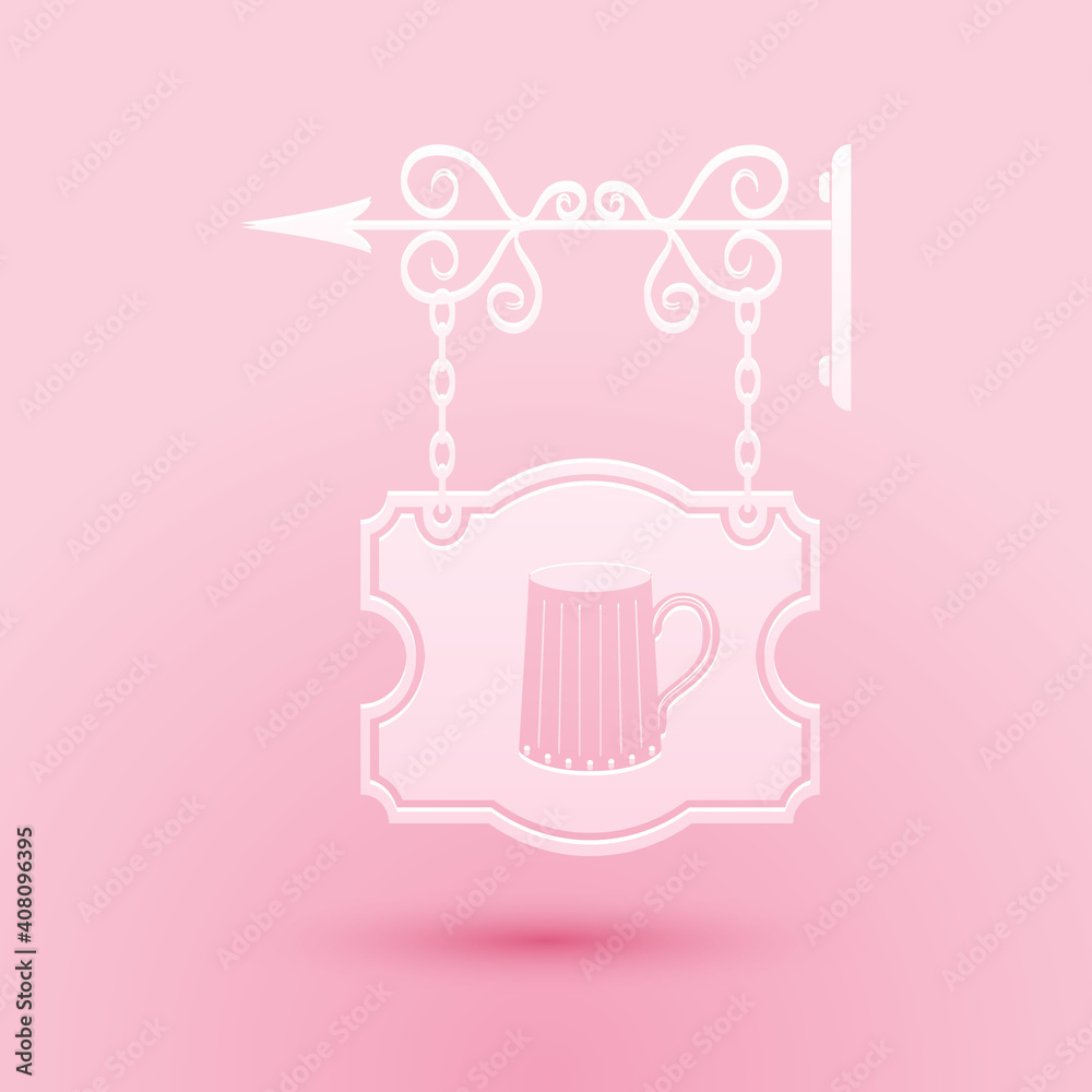 Paper cut Street signboard on forged brackets with wooden mug of beer icon isolated on pink background. Suitable for bar, tavern, cafe, pub, restaurant. Paper art style. Vector.