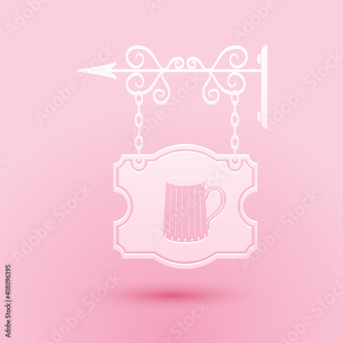 Paper cut Street signboard on forged brackets with wooden mug of beer icon isolated on pink background. Suitable for bar, tavern, cafe, pub, restaurant. Paper art style. Vector.