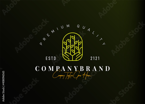 Plant Care Logo Design Inspiration. Vector Illustration of Two Hands Help Supporting Plant Seeds. Modern Icon Design Vector Template with Line Style