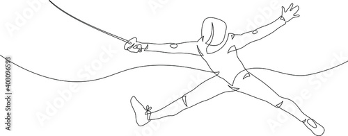 One continuous line drawing of fencing man. Fencer attack