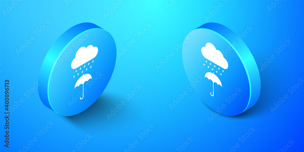 Isometric Cloud with rain drop on umbrella icon isolated on blue background. Blue circle button. Vector. Isometric Cloud with rain drop on umbrella icon isolated on blue background. Blue circle button. Vector.