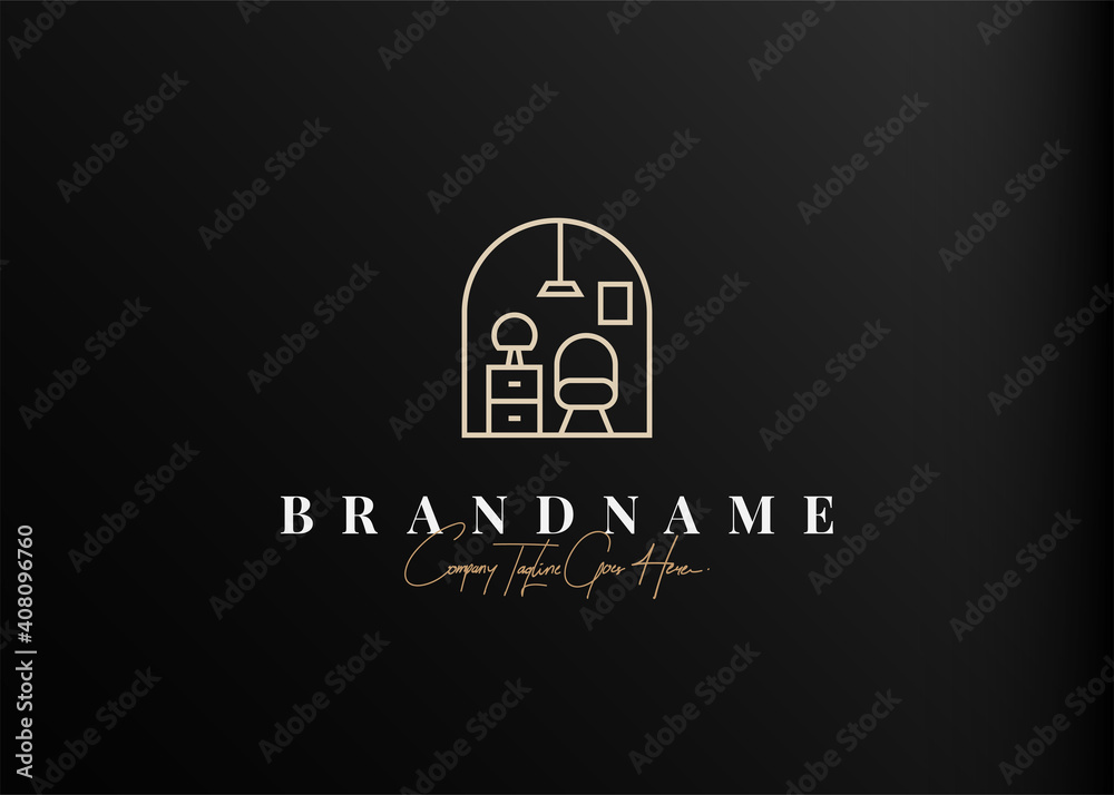 Furniture logo design inspiration. Vector illustration of chair, table, bookcase, cupboard and decorative lamp. Modern Icon Design Vector Template with Line Style Furniture logo design inspiration. Vector illustration of chair, table, bookcase, cupboard and decorative lamp. Modern Icon Design Vector Template with Line Style