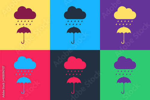 Pop art Cloud with rain drop on umbrella icon isolated on color background. Vector.