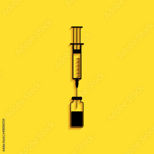 Black Medical syringe with needle and vial or ampoule icon isolated on yellow background. Vaccination, injection, vaccine, insulin concept. Long shadow style. Vector.