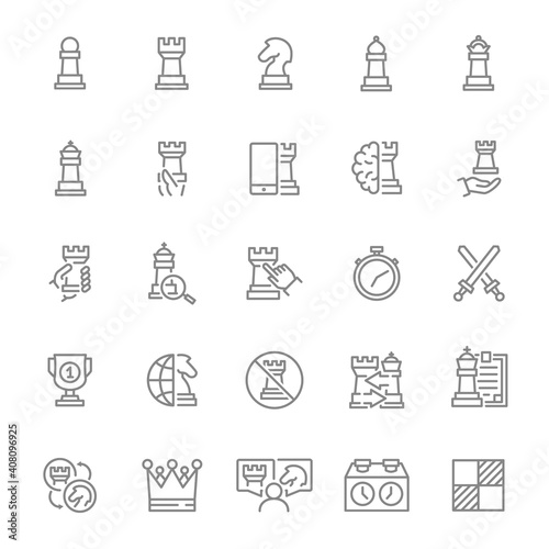 Set of chess line icon. Board game, king, queen, bishop, pawn, rook, knight and more.