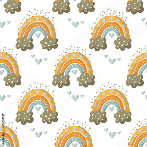  Rainbow seamless pattern with hearts and clouds. Cute kid illustrations. Nursery baby abstract art with childish elements. Childish art.