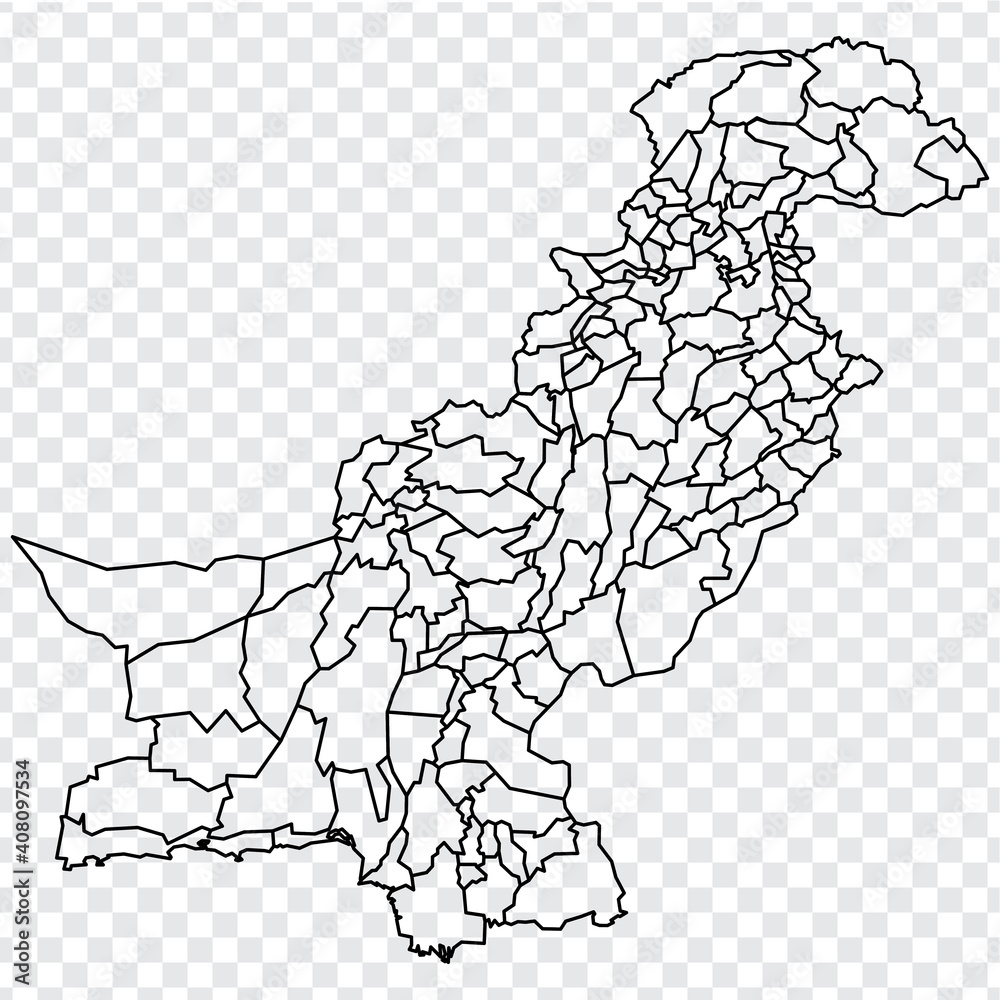 Blank map Islamic Republic of Pakistan. Districts of Pakistan map. High detailed vector map  on transparent background for your web site design, app, UI. EPS10. 