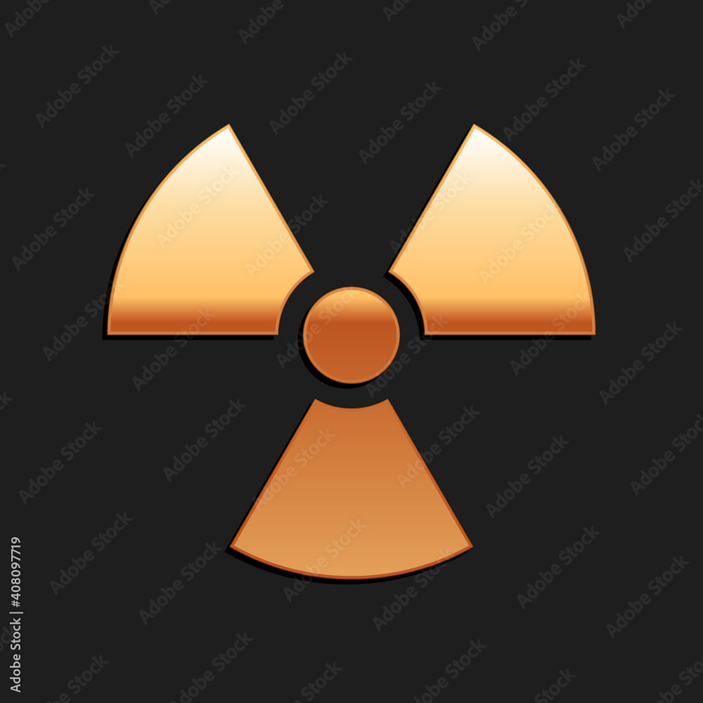 Gold Radioactive icon isolated on black background. Radioactive toxic symbol. Radiation Hazard sign. Long shadow style. Vector.