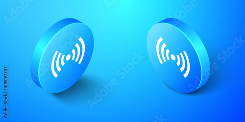 Isometric Wi-Fi wireless internet network symbol icon isolated on blue background. Blue circle button. Vector.