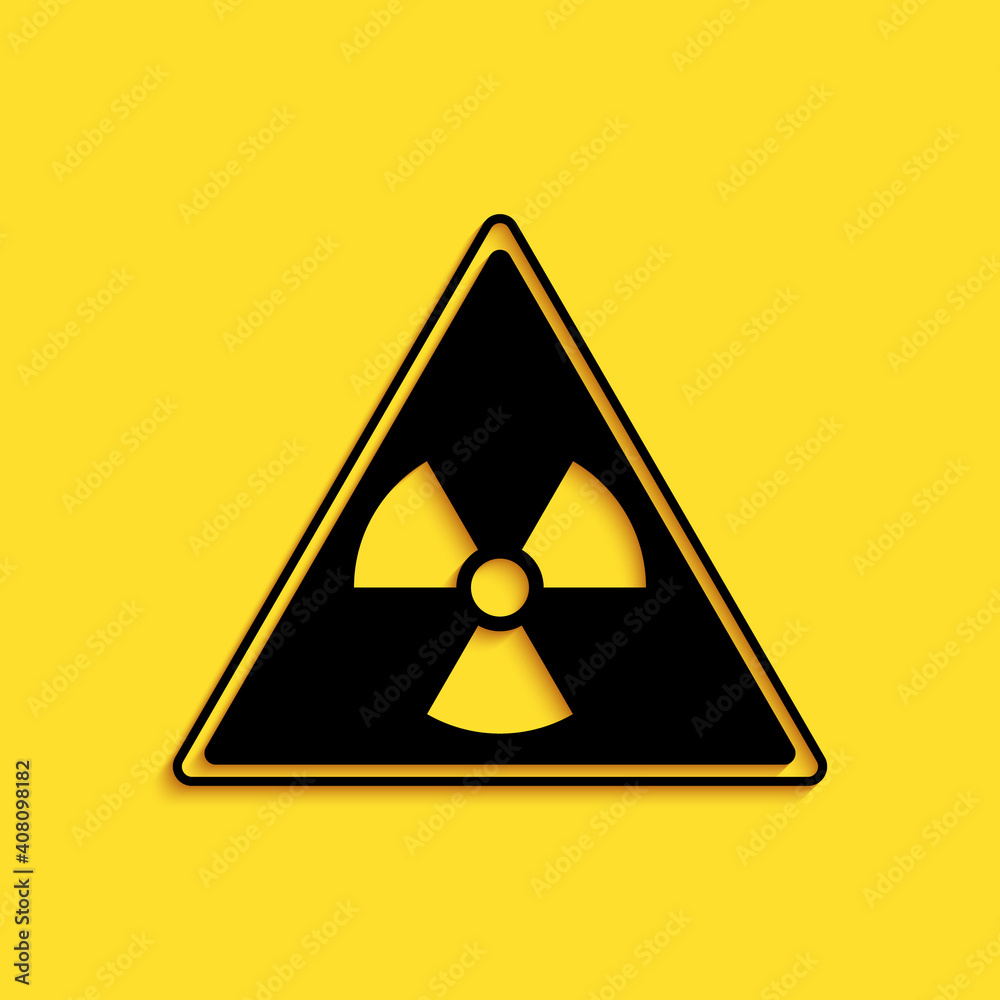 Black Triangle sign with radiation symbol icon isolated on yellow background. Long shadow style. Vector. Black Triangle sign with radiation symbol icon isolated on yellow background. Long shadow style. Vector.