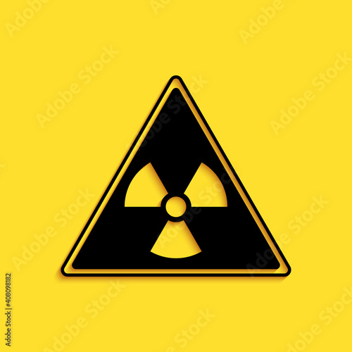 Black Triangle sign with radiation symbol icon isolated on yellow background. Long shadow style. Vector.