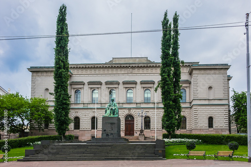 The statue of Johan Vilhelm Snellman (philosopher, political leader) in front of the Bank of Finland. Helsinki. photo