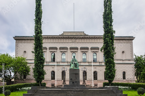 The statue of Johan Vilhelm Snellman (philosopher, political leader) in front of the Bank of Finland. Helsinki. photo