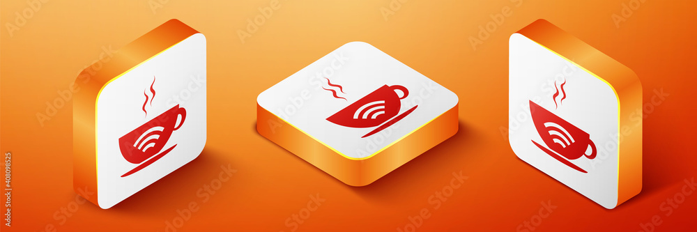 Isometric Cup of coffee shop with free wifi zone icon isolated on orange background. Internet connection placard. Orange square button. Vector. Isometric Cup of coffee shop with free wifi zone icon isolated on orange background. Internet connection placard. Orange square button. Vector.