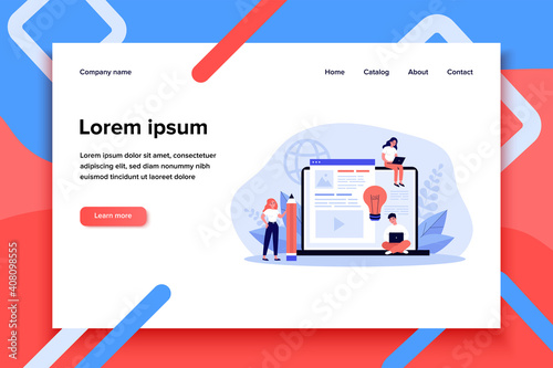 Blog authors writing articles. Freelance writers with laptops creating internet content. Vector illustration for online education, people of creative job, seo marketing concept