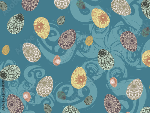 Easter holiday attributes on the blue background with patterns