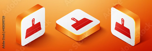Isometric Putty knife icon isolated on orange background. Spatula repair tool. Spackling or paint instruments. Orange square button. Vector.