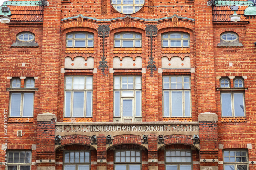 Brick red Art Nouveau building of Institute of Physiology. Helsinki, Finland.