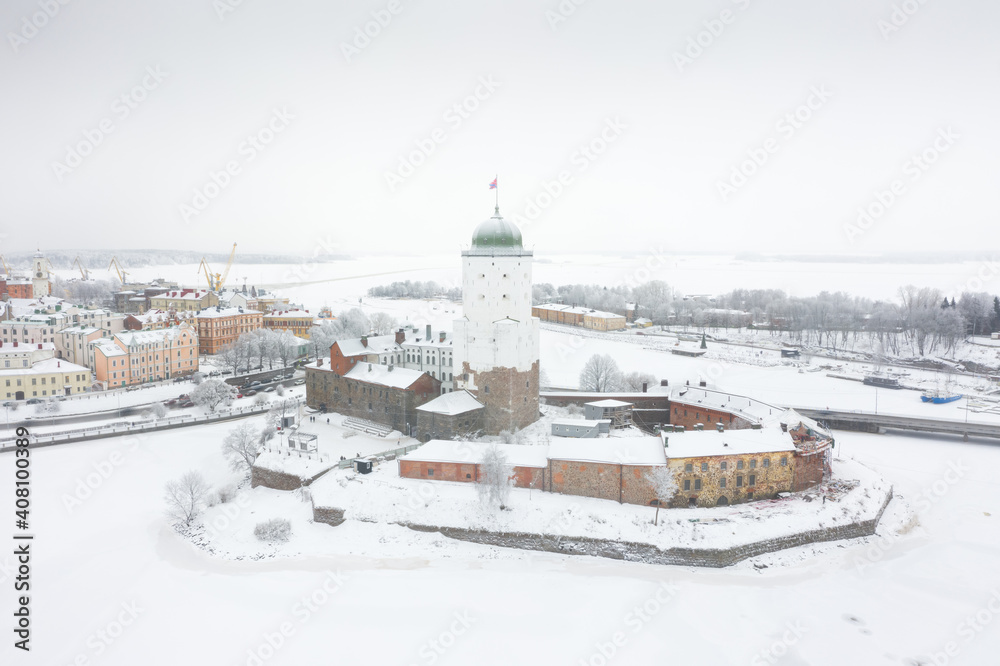Vyborg castle in winter photo top view. Snowy weather.