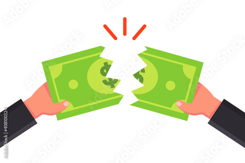 tear the bill into two parts. tear the money with your hands. flat vector illustration.