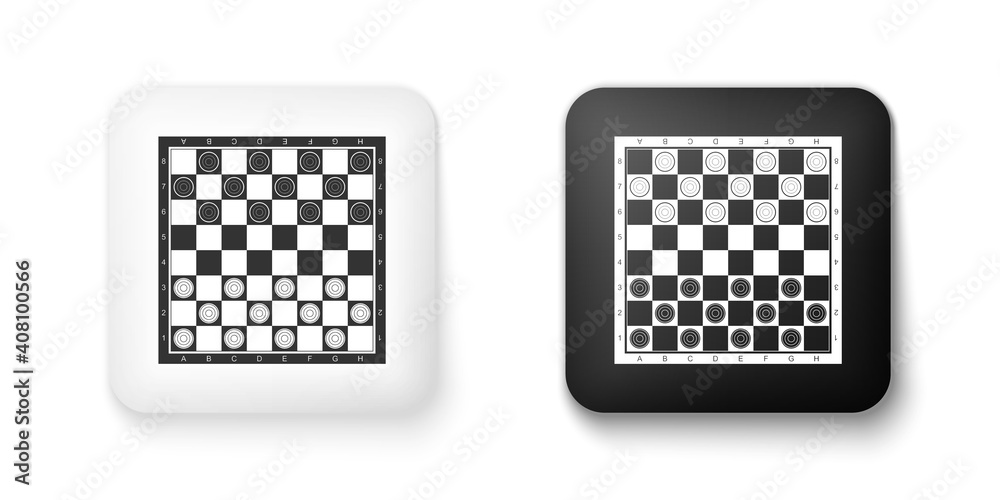 Black and white Board game of checkers icon isolated on white background. Ancient Intellectual board game. Chess board. White and black chips. Square button. Vector. Black and white Board game of checkers icon isolated on white background. Ancient Intellectual board game. Chess board. White and black chips. Square button. Vector.