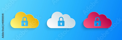 Paper cut Cloud computing lock icon isolated on blue background. Security, safety, protection concept. Paper art style. Vector.