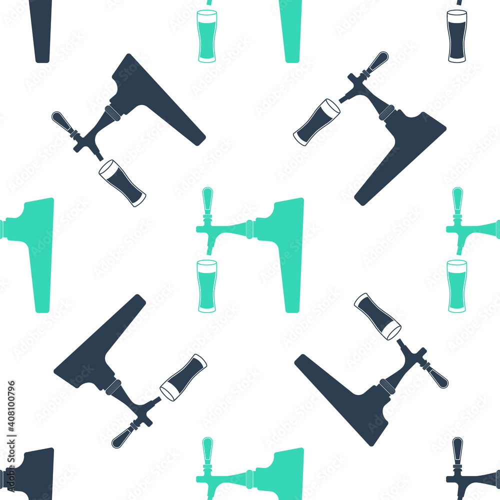 Green Beer tap with glass icon isolated seamless pattern on white background. Vector.