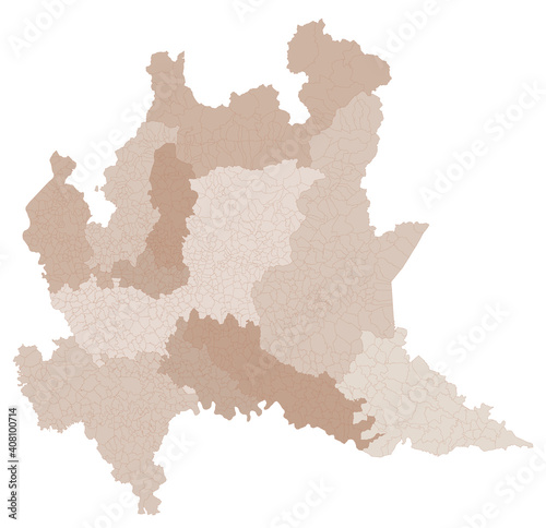 Lombardy map, division by provinces and municipalities. Closed and perfectly editable polygons, polygon fill and color paths editable at will. Levels. Political geographic map. Italy photo