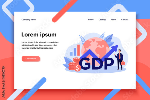 Happy businessman presenting gdp growth. Man in suit with growth chart, cash and globe. Vector illustration for gross domestic product rate, global economy, national budget, inflation concepts
