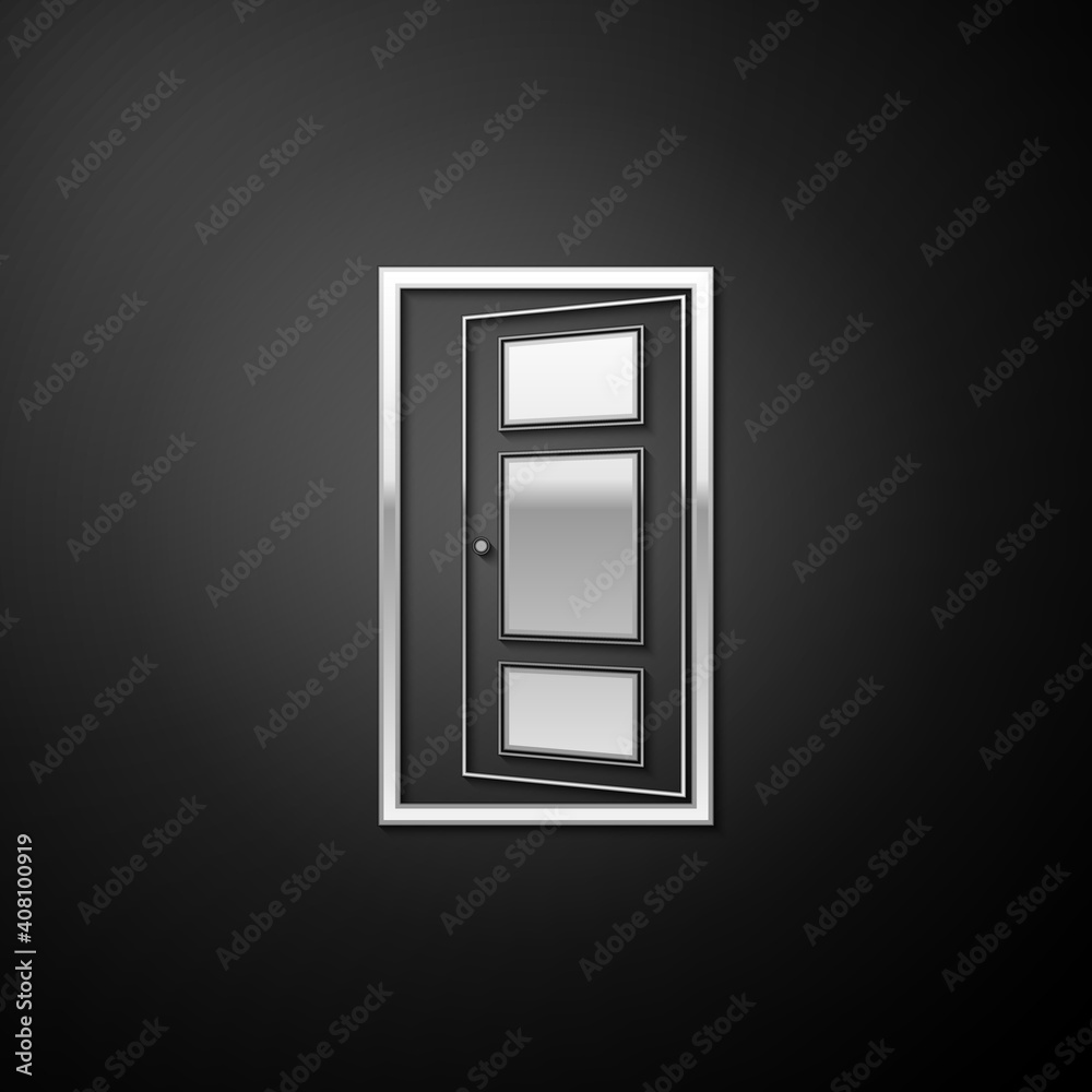 Silver Open door icon isolated on black background. Long shadow style. Vector.
