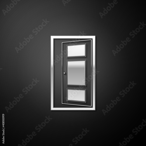 Silver Open door icon isolated on black background. Long shadow style. Vector.